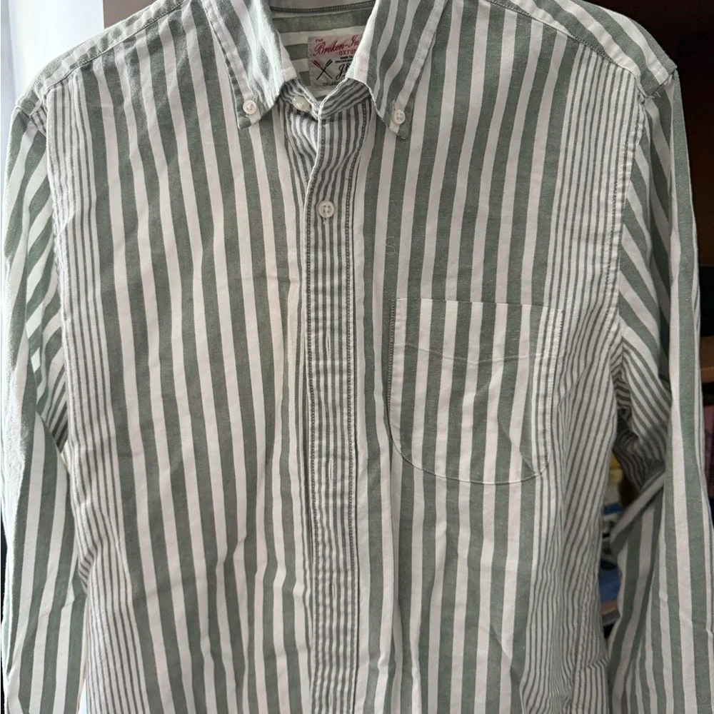 J. Crew Green and White Vertical Stripe Button-Down Shirt